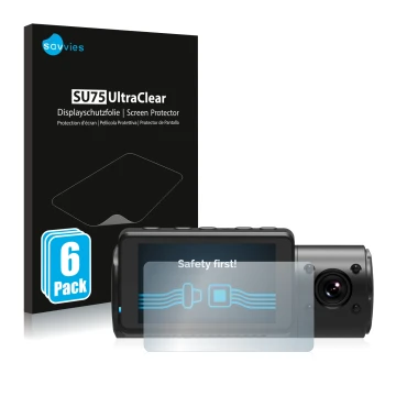 Parte frontal de un envase de producto con el logotipo de la marca Savvies. Al lado se muestra el dispositivo Vantrue N4 con s