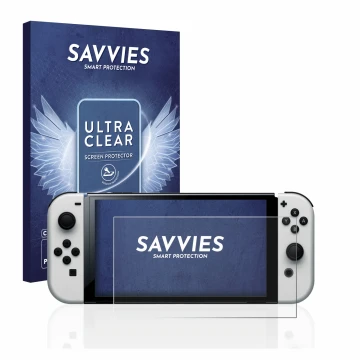 Parte frontal de un envase de producto con el logotipo de la marca Savvies. Al lado se muestra el dispositivo Nintendo Switch 