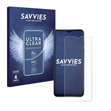 Parte frontal de un envase de producto con el logotipo de la marca Savvies. Al lado se muestra el dispositivo Wiko Power U30 c
