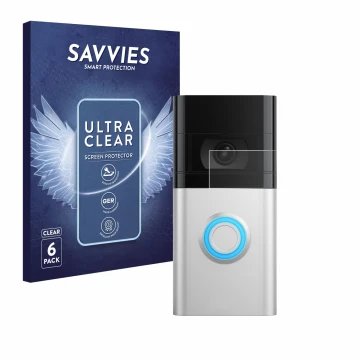 Parte frontal de un envase de producto con el logotipo de la marca Savvies. Al lado se muestra el dispositivo Ring Video Doorb