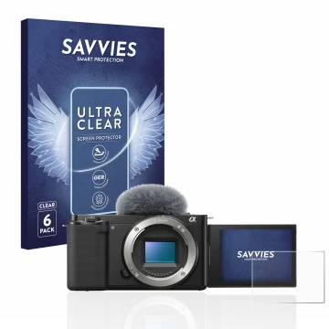 Parte frontal de un envase de producto con el logotipo de la marca Savvies. Al lado se muestra el dispositivo Sony Alpha ZV-E1