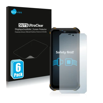 Parte frontal de un envase de producto con el logotipo de la marca Savvies. Al lado se muestra el dispositivo Oukitel WP15 5G 