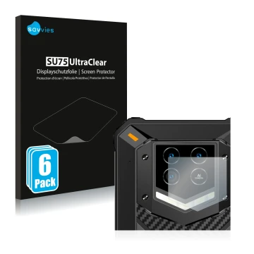 Parte frontal de un envase de producto con el logotipo de la marca Savvies. Al lado se muestra el dispositivo Oukitel WP15 5G 