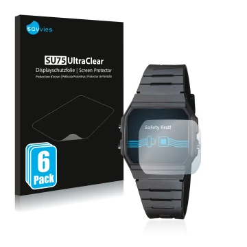 Parte frontal de un envase de producto con el logotipo de la marca Savvies. Al lado se muestra el dispositivo Casio Collection