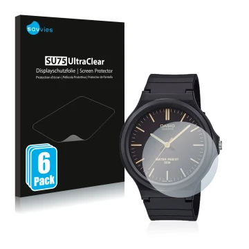 Parte frontal de un envase de producto con el logotipo de la marca Savvies. Al lado se muestra el dispositivo Casio Unisex MW-