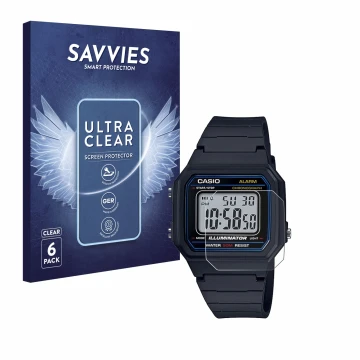 Parte frontal de un envase de producto con el logotipo de la marca Savvies. Al lado se muestra el dispositivo Casio Unisex W-8