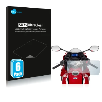 Parte frontal de un envase de producto con el logotipo de la marca Savvies. Al lado se muestra el dispositivo Honda CBR650R 20