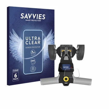 Parte frontal de un envase de producto con el logotipo de la marca Savvies. Al lado se muestra el dispositivo PowaKaddy CT6 GP