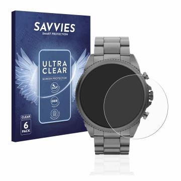 Parte frontal de un envase de producto con el logotipo de la marca Savvies. Al lado se muestra el dispositivo Fossil Gen 6 (44