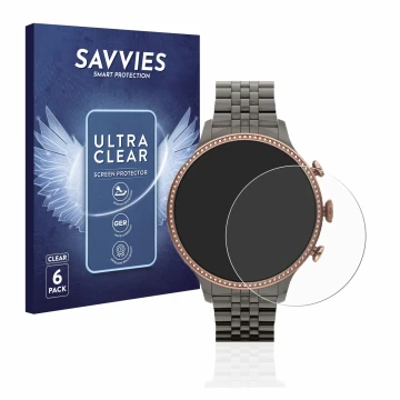 Parte frontal de un envase de producto con el logotipo de la marca Savvies. Al lado se muestra el dispositivo Fossil Gen 6 (42