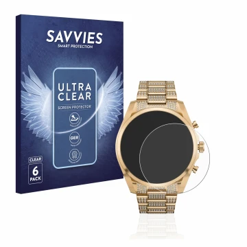 Parte frontal de un envase de producto con el logotipo de la marca Savvies. Al lado se muestra el dispositivo Michael Kors Acc