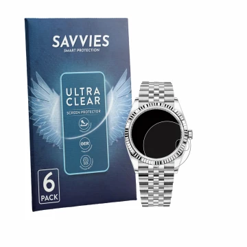 Parte frontal de un envase de producto con el logotipo de la marca Savvies. Al lado se muestra el dispositivo Rolex Datejust 3