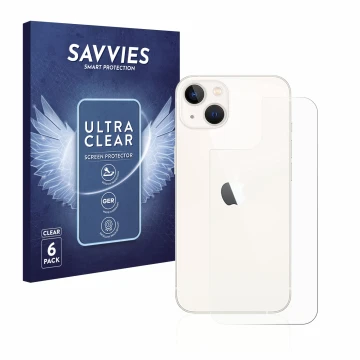 Parte frontal de un envase de producto con el logotipo de la marca Savvies. Al lado se muestra el dispositivo Apple iPhone 13 