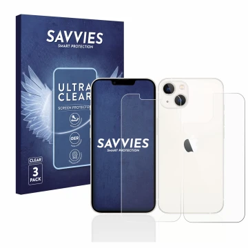 Parte frontal de un envase de producto con el logotipo de la marca Savvies. Al lado se muestra el dispositivo Apple iPhone 13 
