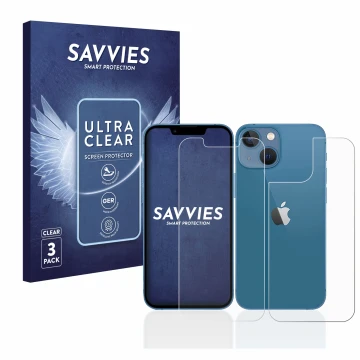 Parte frontal de un envase de producto con el logotipo de la marca Savvies. Al lado se muestra el dispositivo Apple iPhone 13 