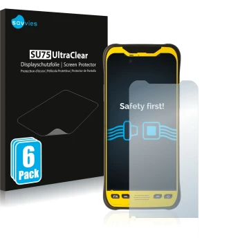 Parte frontal de un envase de producto con el logotipo de la marca Savvies. Al lado se muestra el dispositivo Trimble TDC600 c