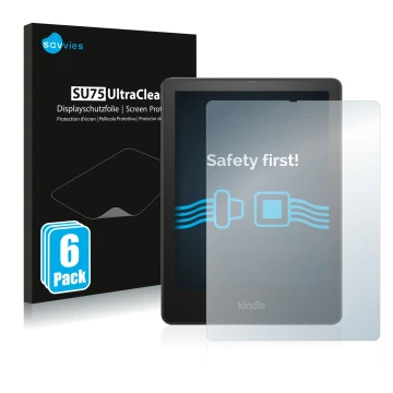 Parte frontal de un envase de producto con el logotipo de la marca Savvies. Al lado se muestra el dispositivo Amazon Kindle Pa