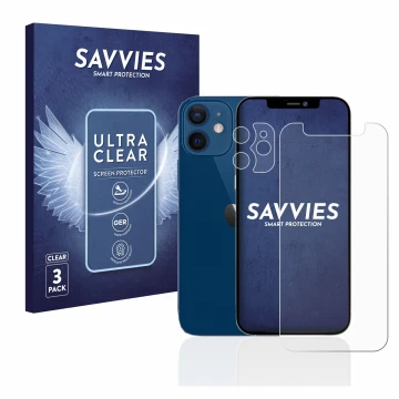 Parte frontal de un envase de producto con el logotipo de la marca Savvies. Al lado se muestra el dispositivo Apple iPhone 12 