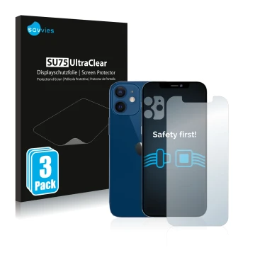 Parte frontal de un envase de producto con el logotipo de la marca Savvies. Al lado se muestra el dispositivo Apple iPhone 12 