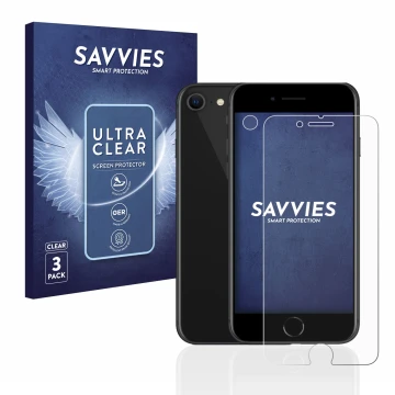 Parte frontal de un envase de producto con el logotipo de la marca Savvies. Al lado se muestra el dispositivo Apple iPhone SE 