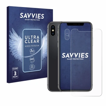 Parte frontal de un envase de producto con el logotipo de la marca Savvies. Al lado se muestra el dispositivo Apple iPhone X (