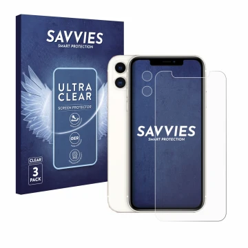Parte frontal de un envase de producto con el logotipo de la marca Savvies. Al lado se muestra el dispositivo Apple iPhone 11 