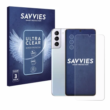 Parte frontal de un envase de producto con el logotipo de la marca Savvies. Al lado se muestra el dispositivo Samsung Galaxy S