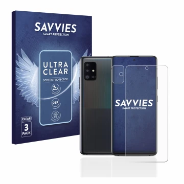 Parte frontal de un envase de producto con el logotipo de la marca Savvies. Al lado se muestra el dispositivo Samsung Galaxy A