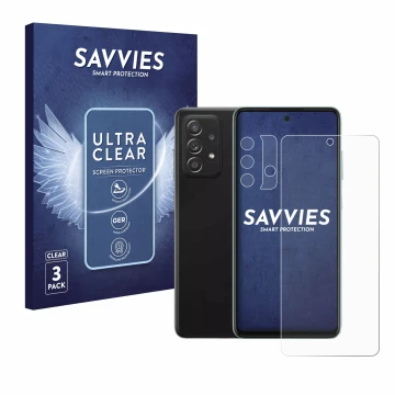 Parte frontal de un envase de producto con el logotipo de la marca Savvies. Al lado se muestra el dispositivo Samsung Galaxy A