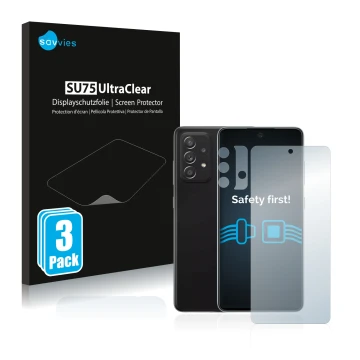 Parte frontal de un envase de producto con el logotipo de la marca Savvies. Al lado se muestra el dispositivo Samsung Galaxy A