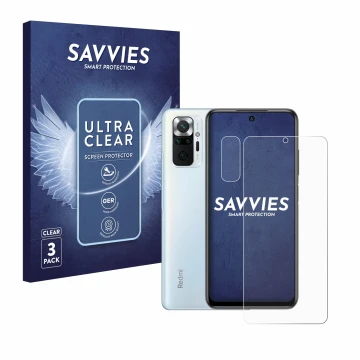 Parte frontal de un envase de producto con el logotipo de la marca Savvies. Al lado se muestra el dispositivo Xiaomi Redmi Not