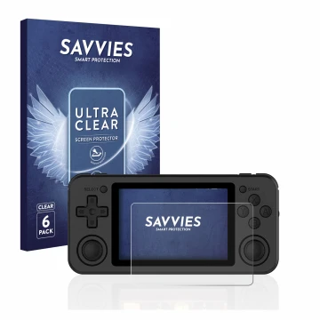 Parte frontal de un envase de producto con el logotipo de la marca Savvies. Al lado se muestra el dispositivo Anbernic RG351P 