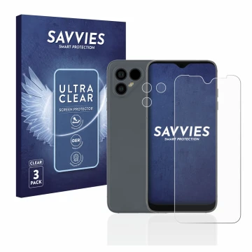 Parte frontal de un envase de producto con el logotipo de la marca Savvies. Al lado se muestra el dispositivo Fairphone 4 (Fro