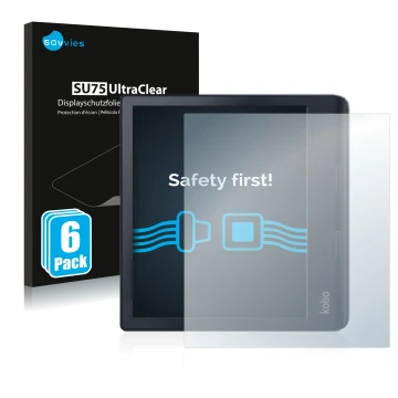 Parte frontal de un envase de producto con el logotipo de la marca Savvies. Al lado se muestra el dispositivo Kobo Sage con su