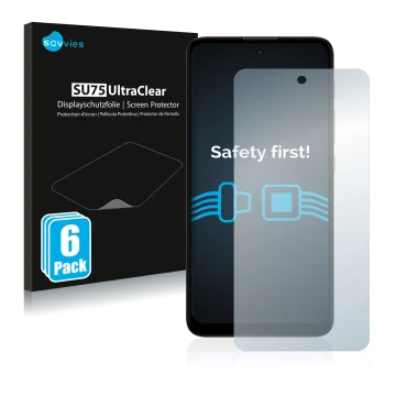 Parte frontal de un envase de producto con el logotipo de la marca Savvies. Al lado se muestra el dispositivo Motorola Moto E4