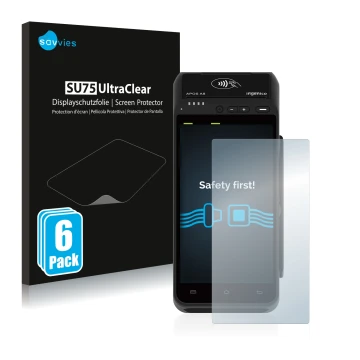 Parte frontal de un envase de producto con el logotipo de la marca Savvies. Al lado se muestra el dispositivo ingenico Apos A8