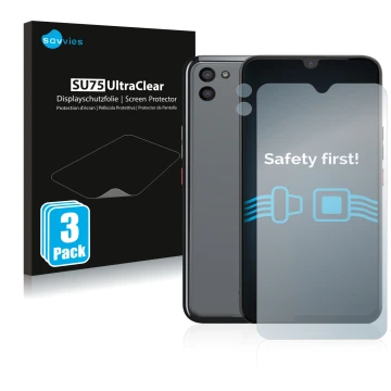 Parte frontal de un envase de producto con el logotipo de la marca Savvies. Al lado se muestra el dispositivo Gigaset GS5 (Fro