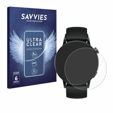 Parte frontal de un envase de producto con el logotipo de la marca Savvies. Al lado se muestra el dispositivo Huawei Watch GT 