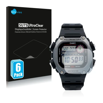 Parte frontal de un envase de producto con el logotipo de la marca Savvies. Al lado se muestra el dispositivo Casio DW-291H co