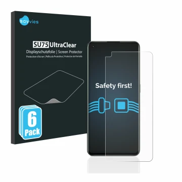 Parte frontal de un envase de producto con el logotipo de la marca Savvies. Al lado se muestra el dispositivo realme GT 2 Pro 