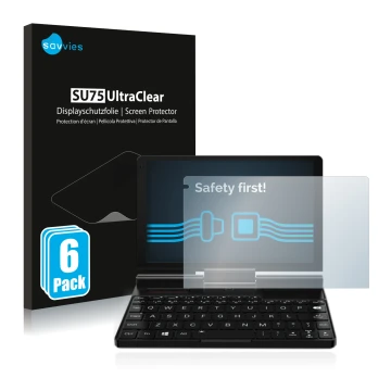 Parte frontal de un envase de producto con el logotipo de la marca Savvies. Al lado se muestra el dispositivo GPD Pocket 3 con
