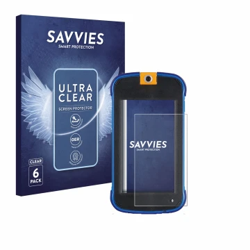 Parte frontal de un envase de producto con el logotipo de la marca Savvies. Al lado se muestra el dispositivo Vtech Kidicom Ma