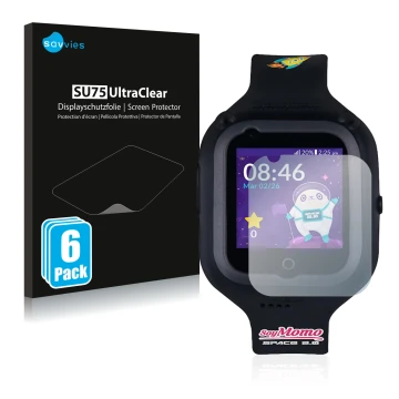 Parte frontal de un envase de producto con el logotipo de la marca Savvies. Al lado se muestra el dispositivo SoyMomo Space 2.