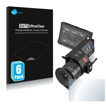 Parte frontal de un envase de producto con el logotipo de la marca Savvies. Al lado se muestra el dispositivo Arri MVF-2 con s