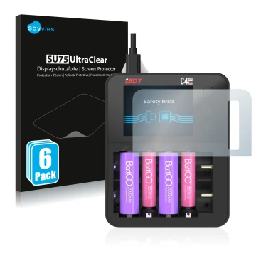 Parte frontal de un envase de producto con el logotipo de la marca Savvies. Al lado se muestra el dispositivo ISDT C4 Evo con 