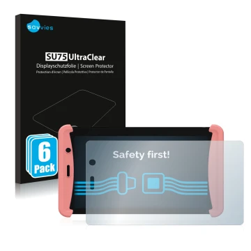 Parte frontal de un envase de producto con el logotipo de la marca Savvies. Al lado se muestra el dispositivo Kurio Tab Lite 2