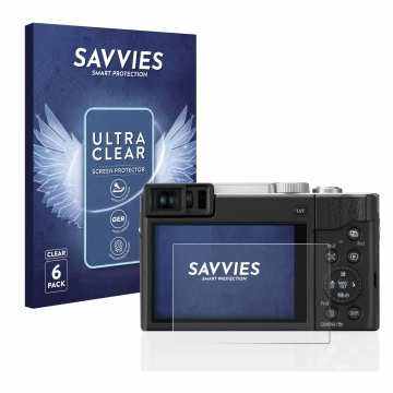 Parte frontal de un envase de producto con el logotipo de la marca Savvies. Al lado se muestra el dispositivo Panasonic Lumix 