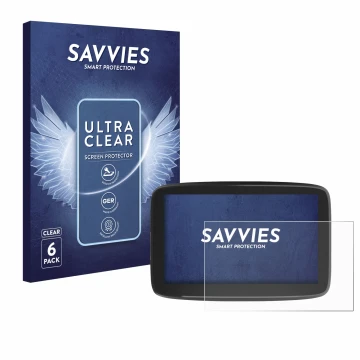 Parte frontal de un envase de producto con el logotipo de la marca Savvies. Al lado se muestra el dispositivo TomTom GO Classi