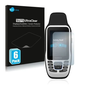 Parte frontal de un envase de producto con el logotipo de la marca Savvies. Al lado se muestra el dispositivo Garmin GPSMAP 79