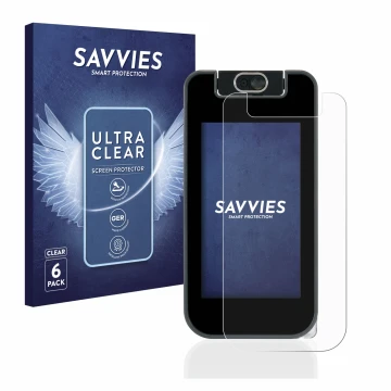 Parte frontal de un envase de producto con el logotipo de la marca Savvies. Al lado se muestra el dispositivo Vtech Kidicom Ad
